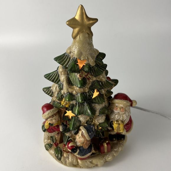 Vtg Opulence Lighted Christmas Tree Ceramic Santa Children Village Lit Stars 10” - Picture 4 of 16
